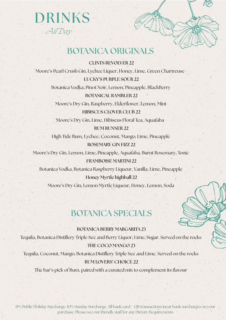 Menu, Bar Botanica
