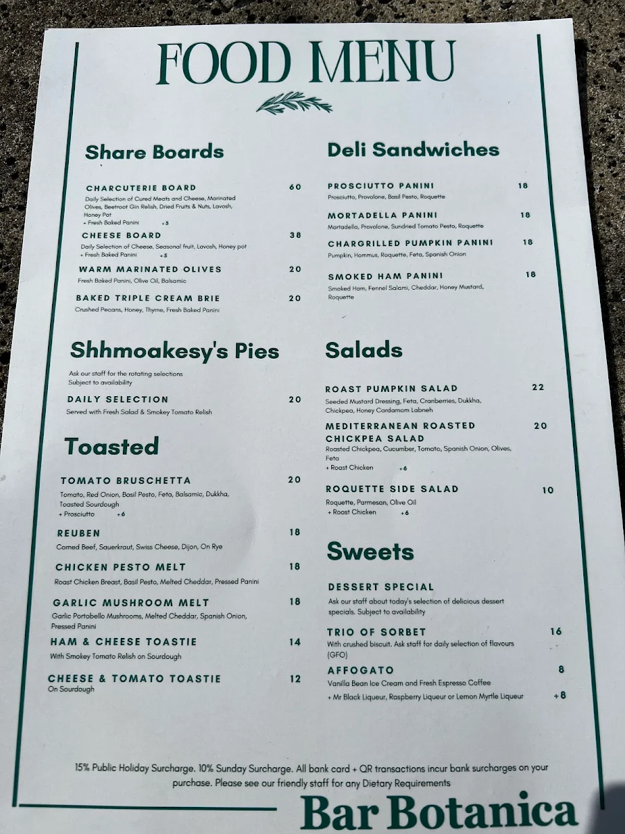 Menu, Bar Botanica