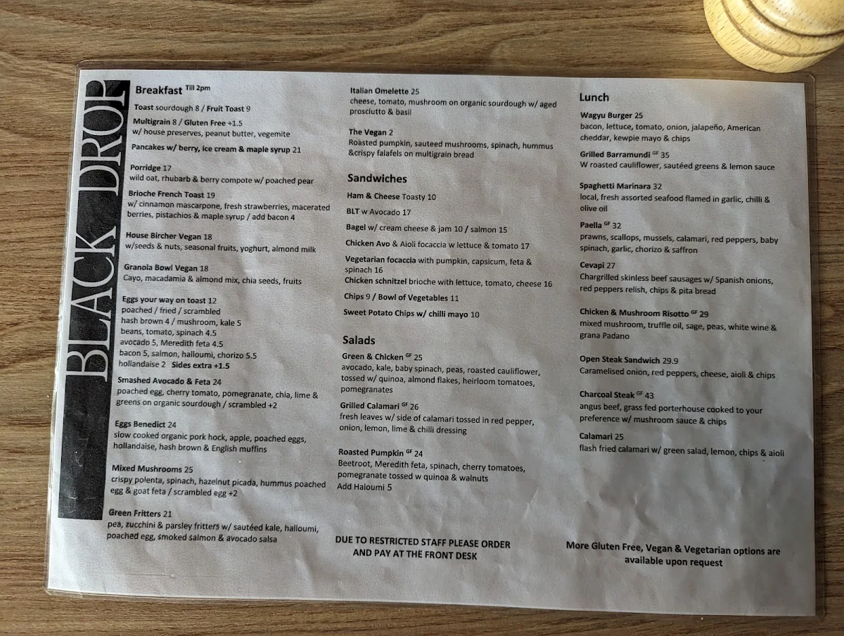 Menu, Black Drop Espresso & Wine