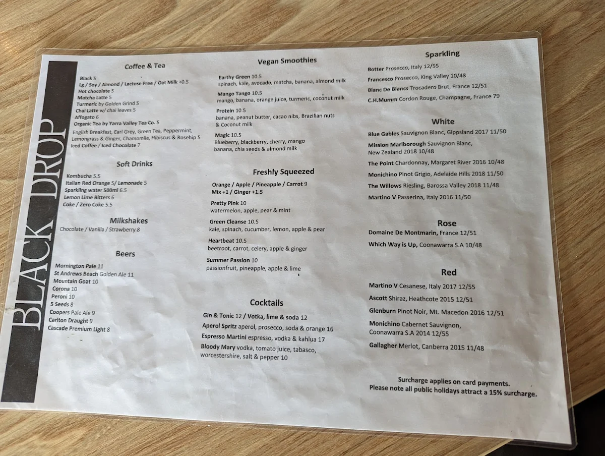 Menu, Black Drop Espresso & Wine