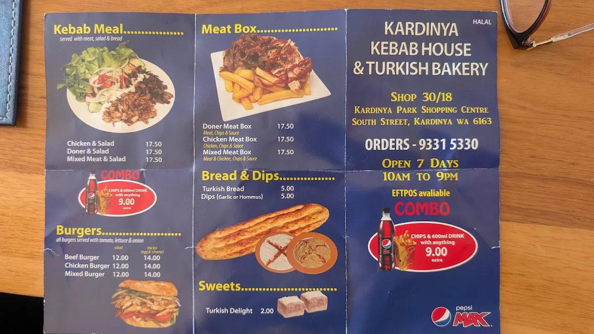 Menu, Kardinya Kebab House