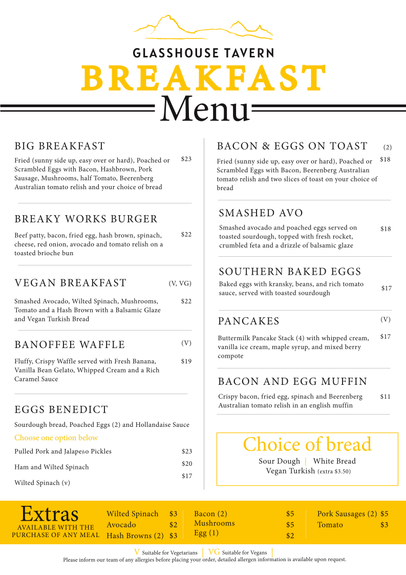Menu, Glasshouse Tavern