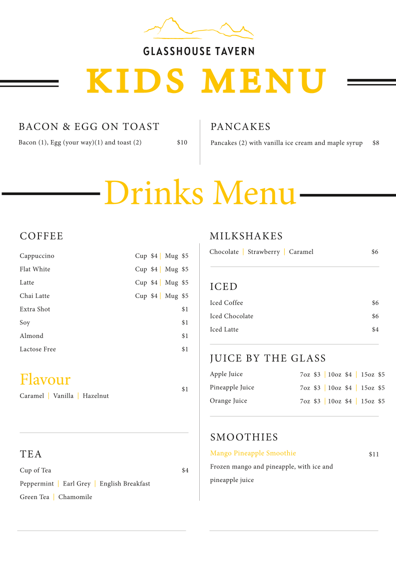Menu, Glasshouse Tavern
