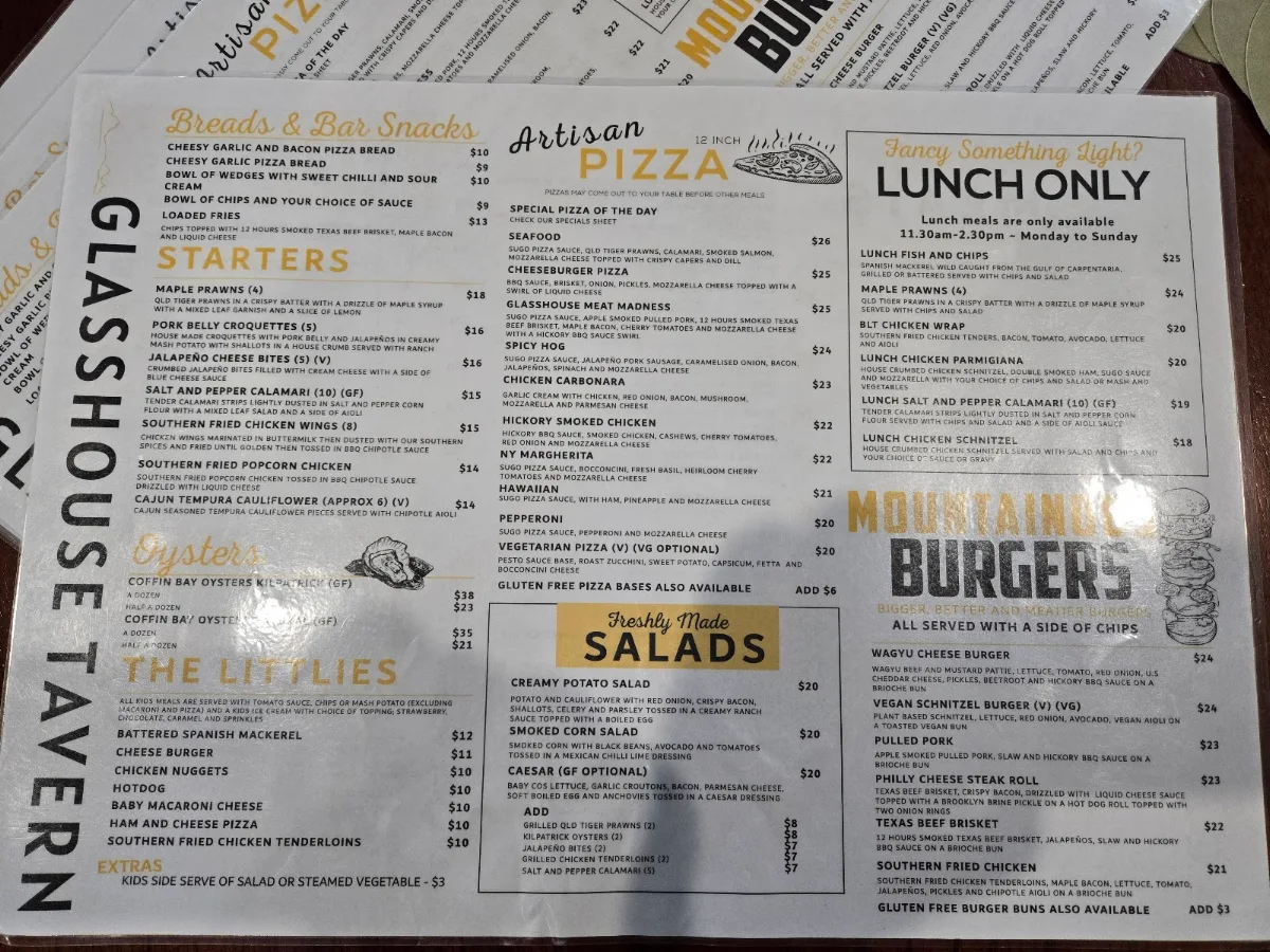 Menu, Glasshouse Tavern