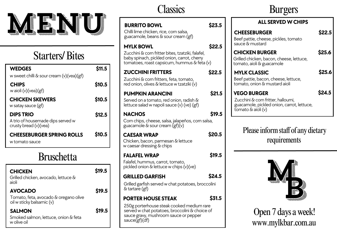 Menu, Mylk Bar North Adelaide