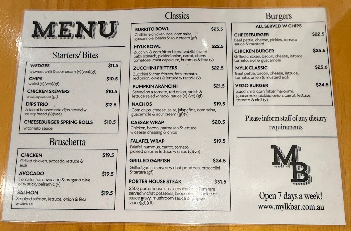 Menu, Mylk Bar North Adelaide