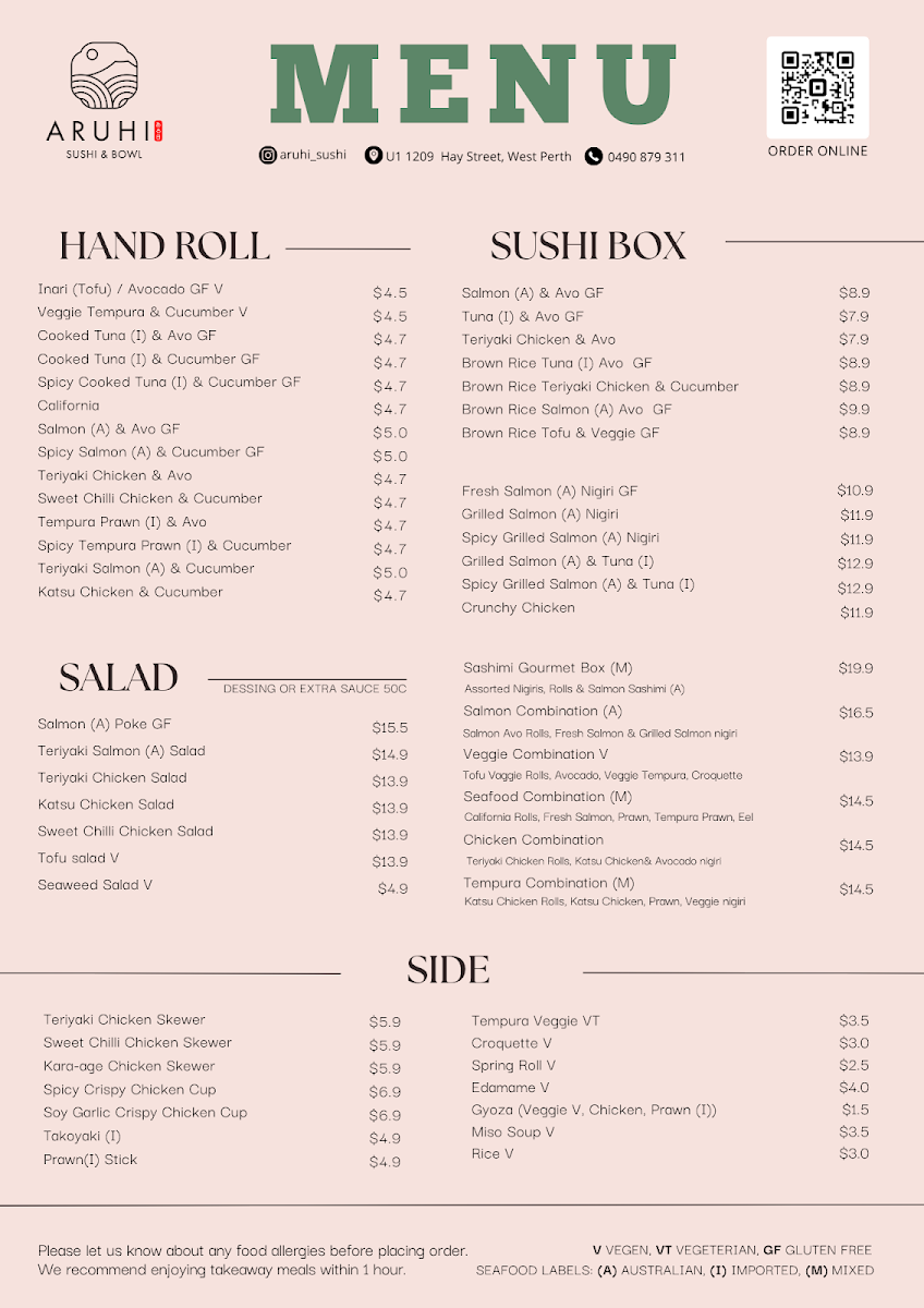 Menu, Aruhi Sushi in West Perth