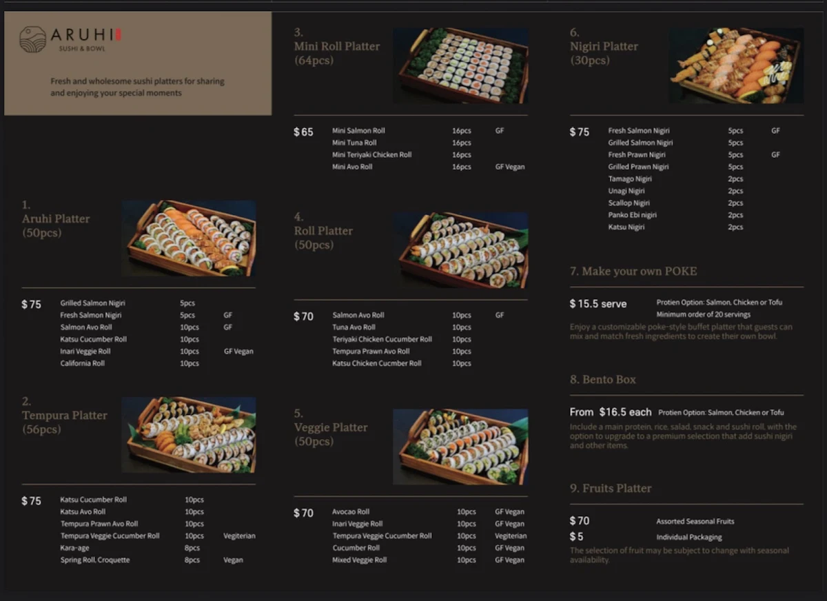 Menu, Aruhi Sushi in West Perth