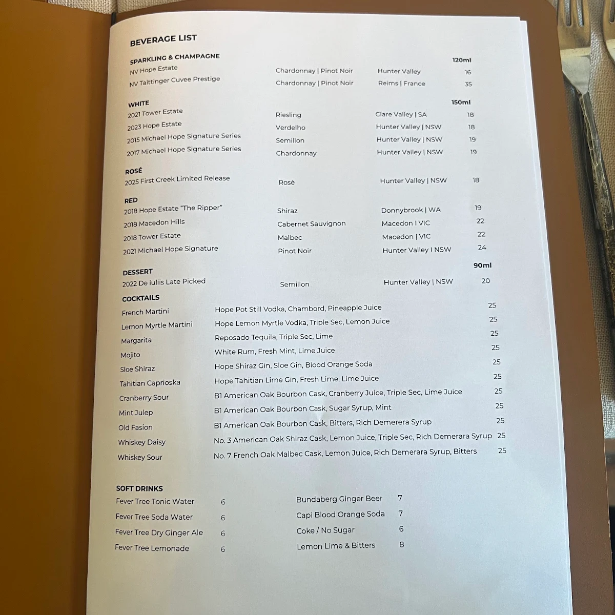 Menu, Tower Lodge Restaurant