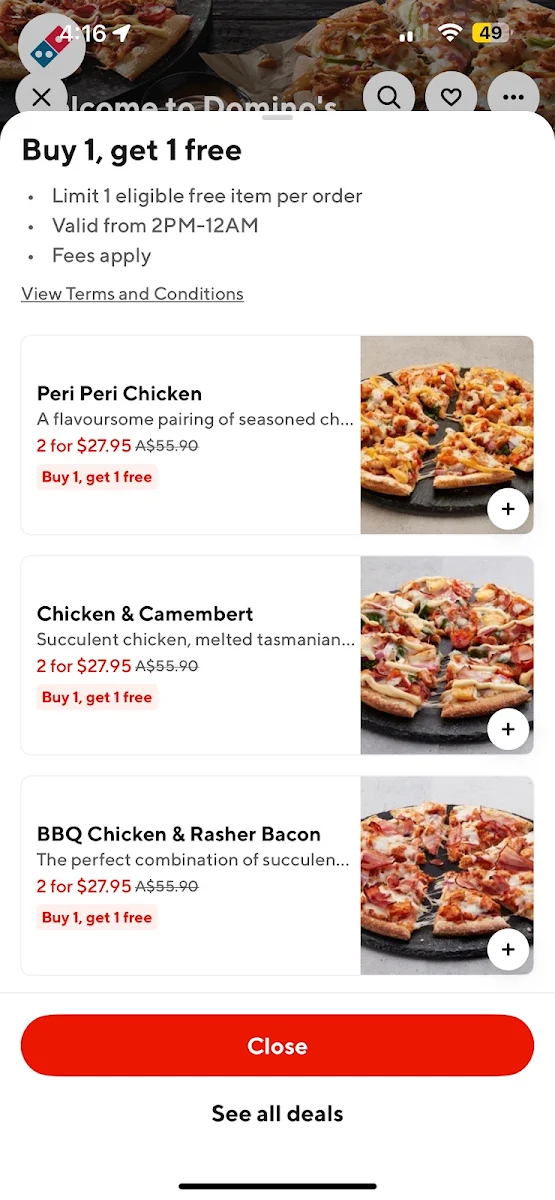 Menu, Domino's Pizza Carlton (VIC)