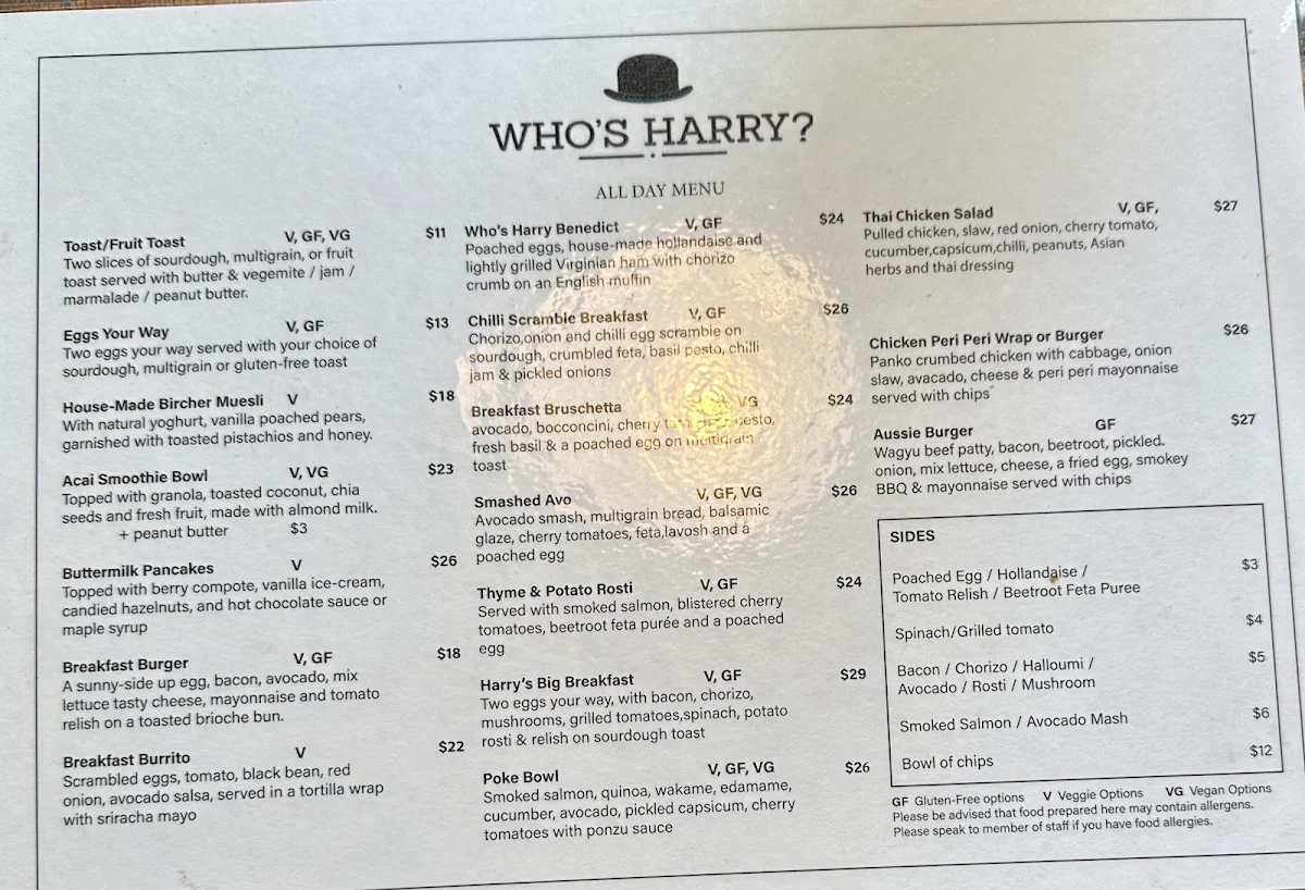 Menu, Who's Harry Cafe