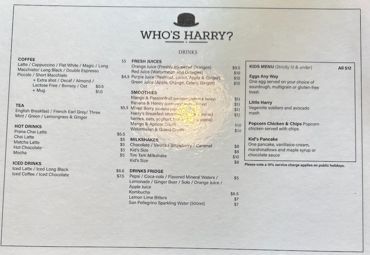 Menu, Who's Harry Cafe