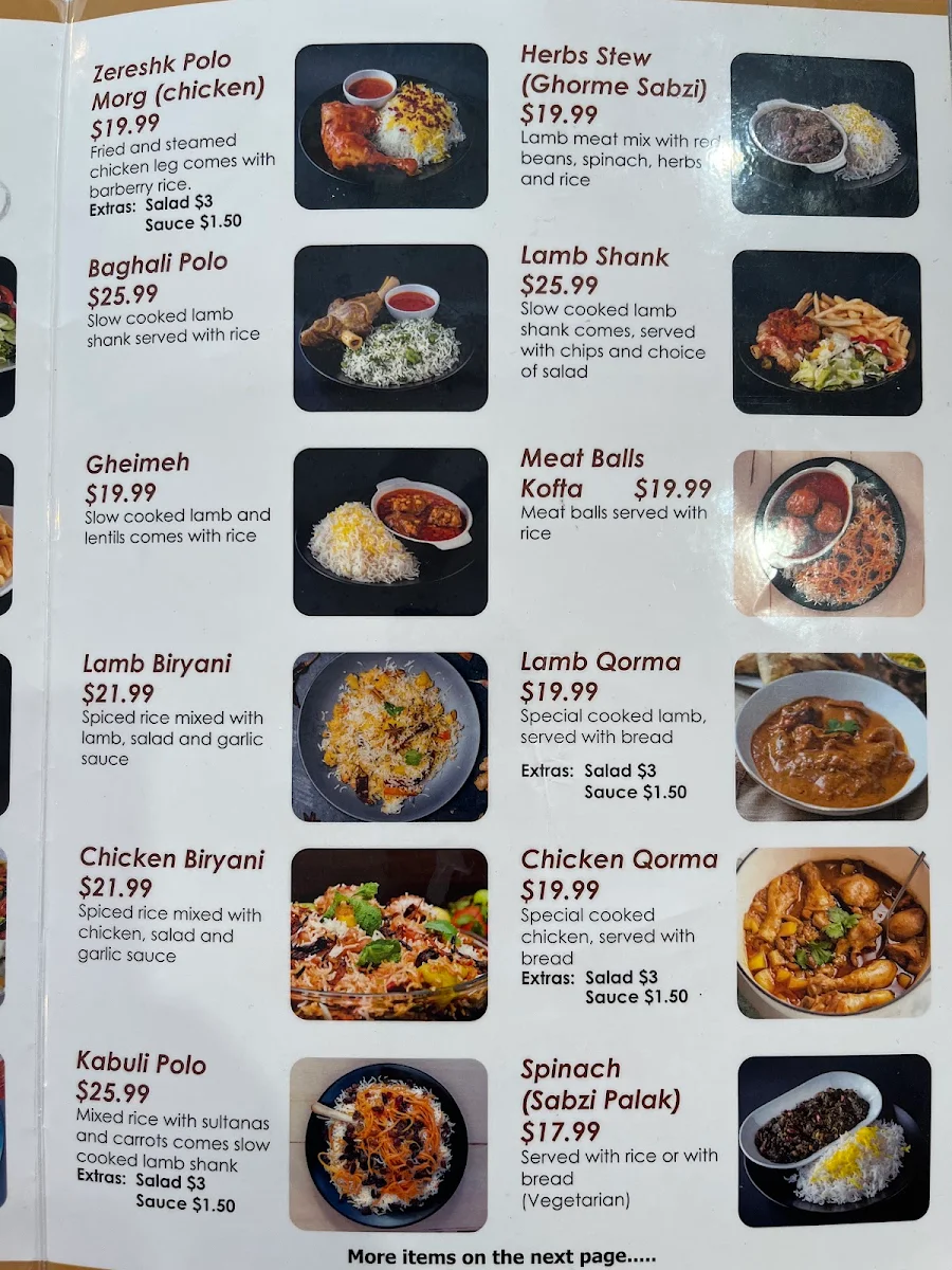 Menu, Afghan Star Restaurant Cranbourne