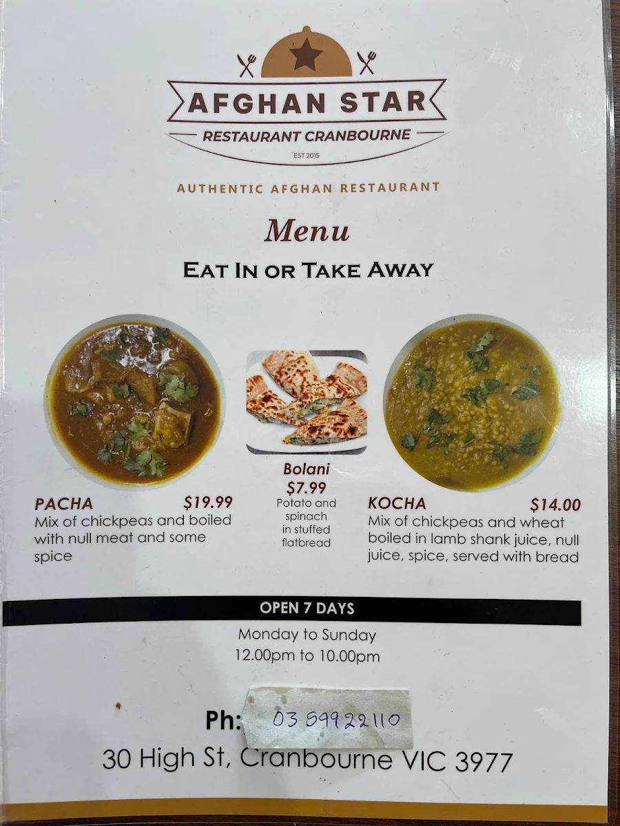 Menu, Afghan Star Restaurant Cranbourne