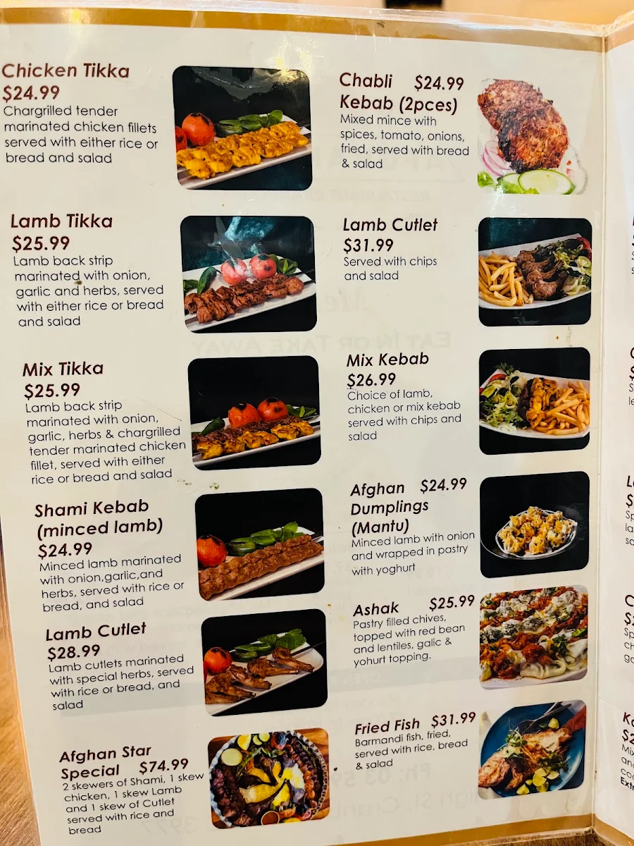 Menu, Afghan Star Restaurant Cranbourne