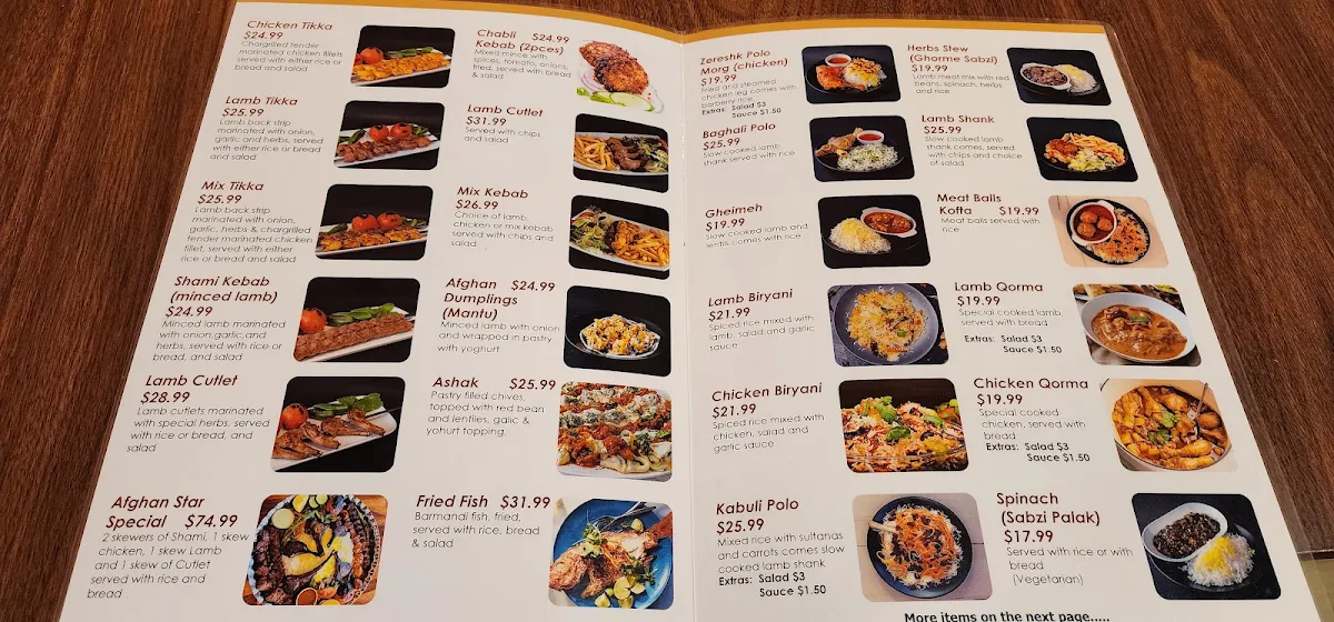 Menu, Afghan Star Restaurant Cranbourne