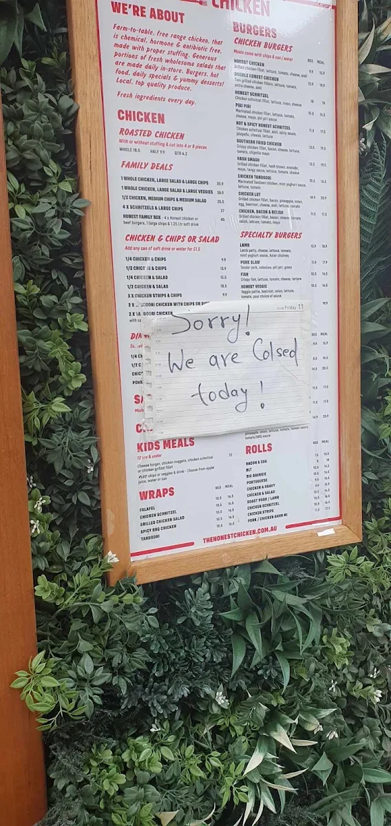 Menu, The Honest Chicken (Cherrybrook)