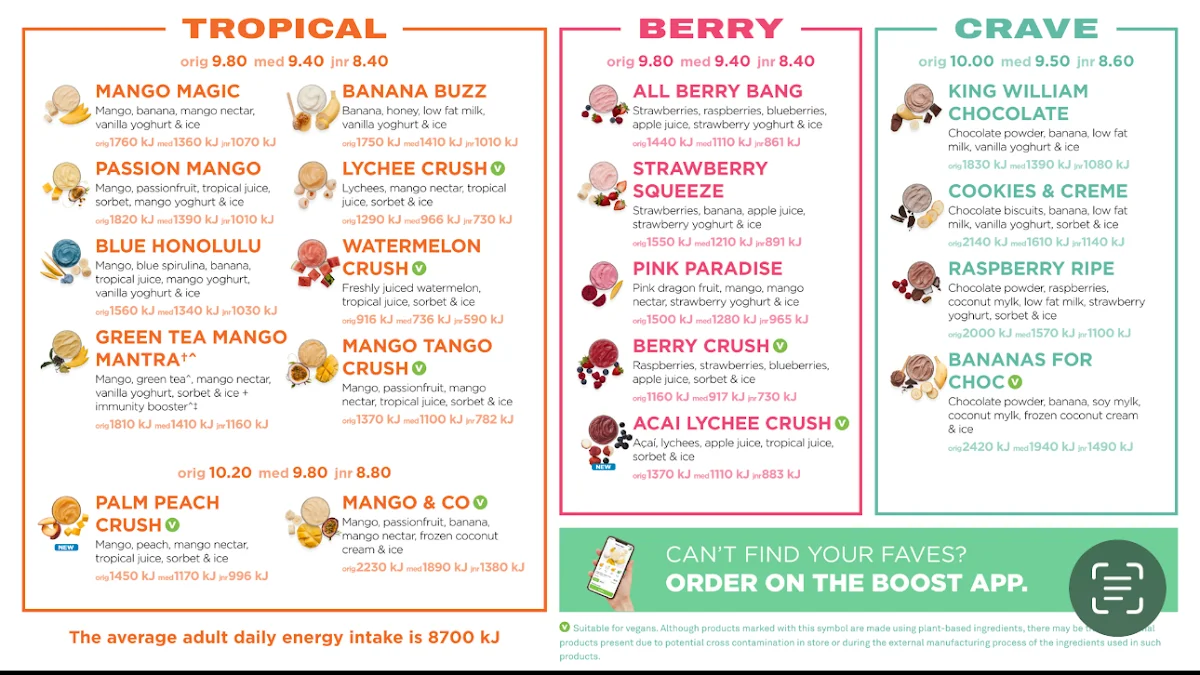 Menu, Boost Juice QV