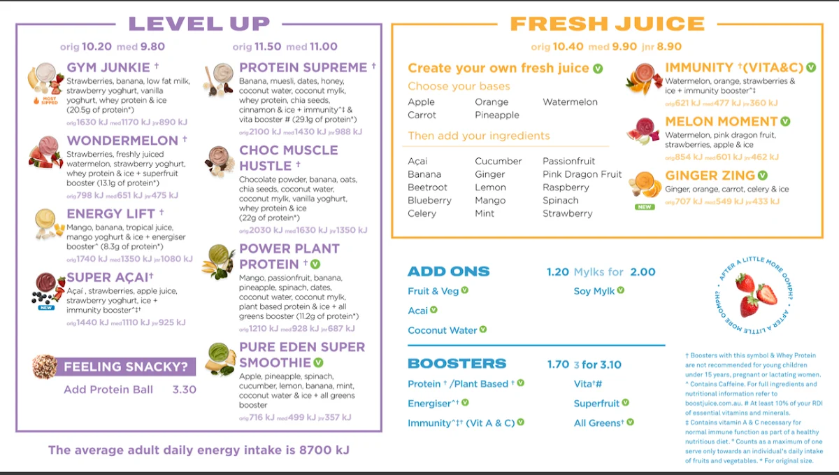 Menu, Boost Juice QV