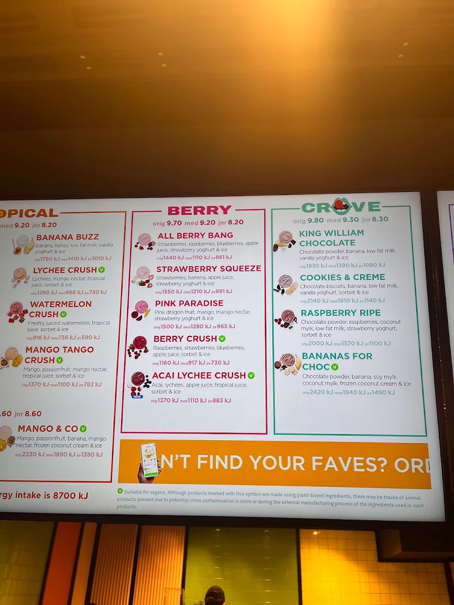 Menu, Boost Juice QV
