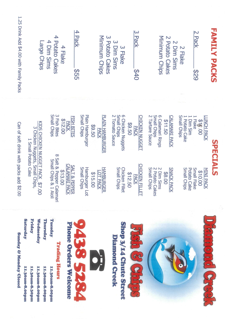 Menu, Diamond Creek Fish & Chips