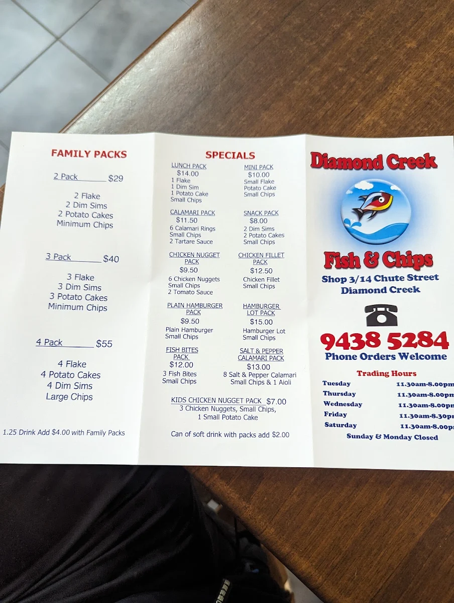Menu, Diamond Creek Fish & Chips