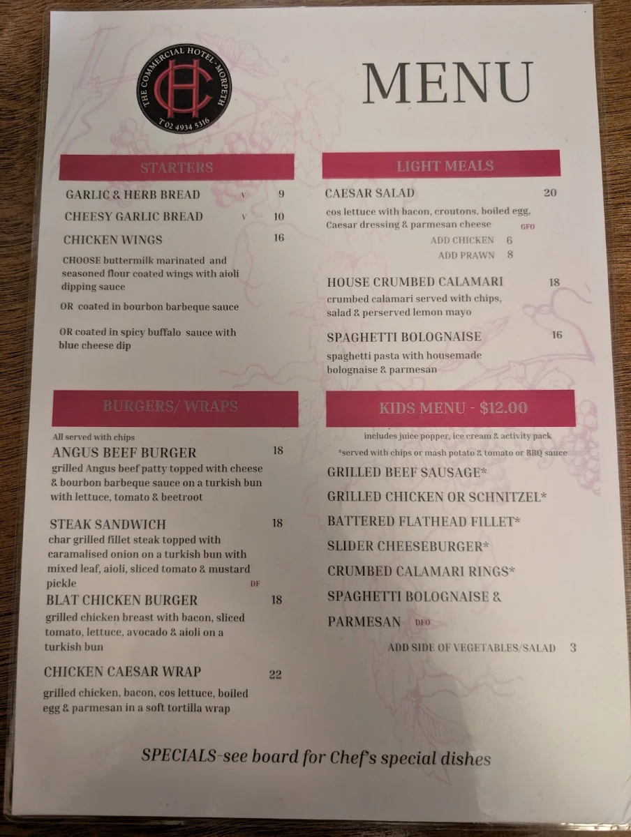 Menu, Miss Mullens Bar at The Commercial