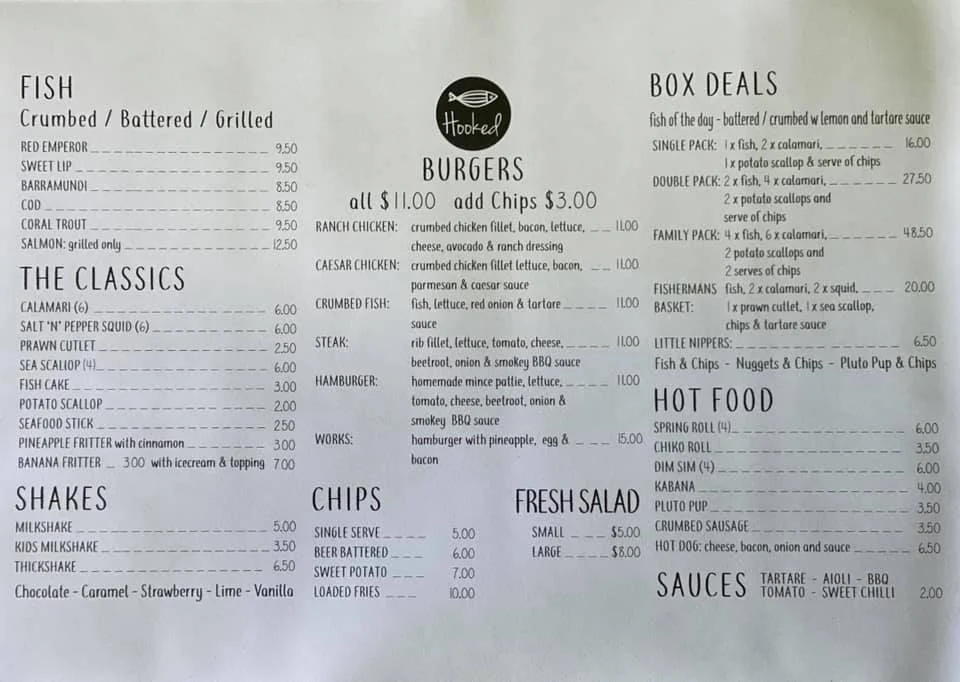 Menu, Hooked Fish & Chippery