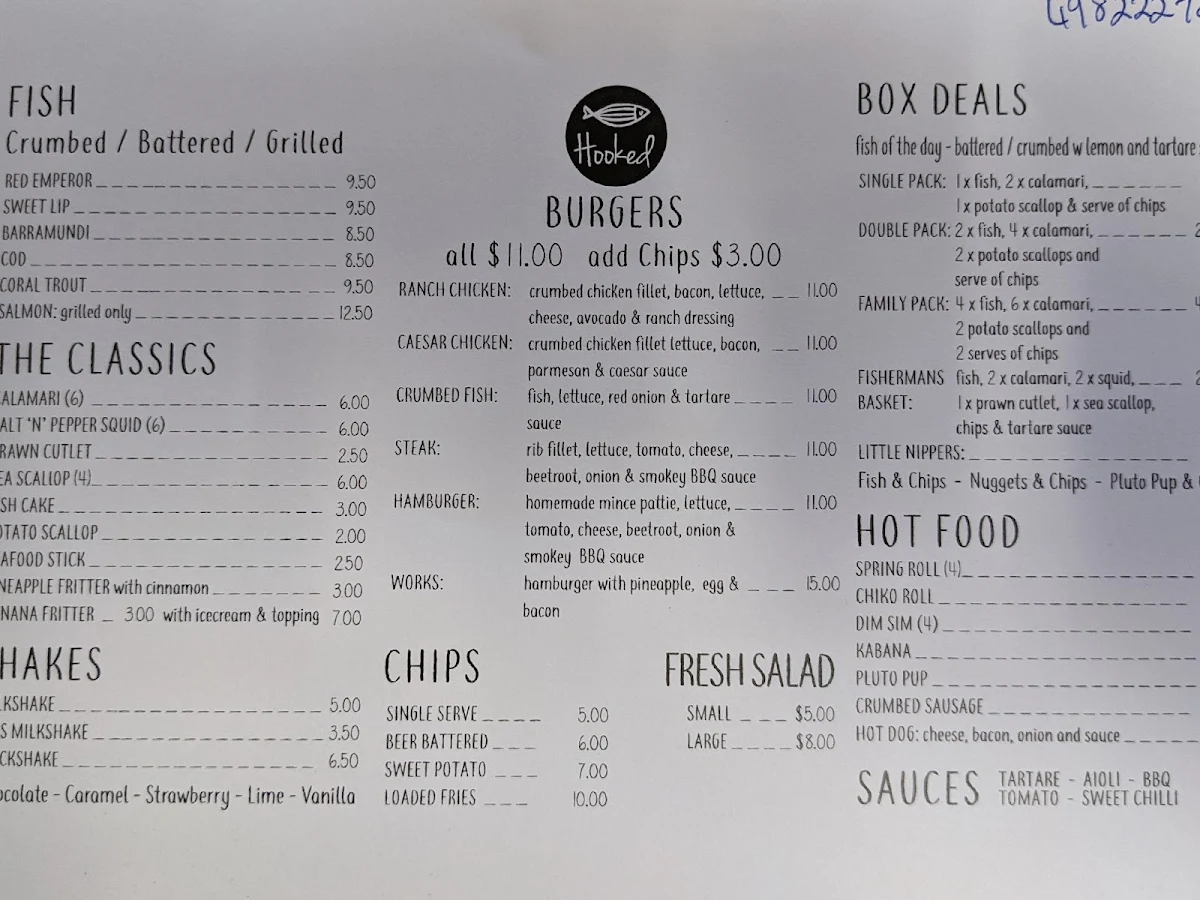 Menu, Hooked Fish & Chippery