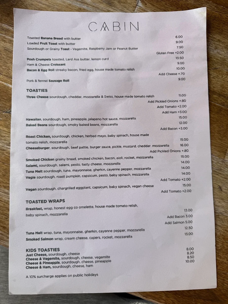 Menu, Cabin Coffee and Deli