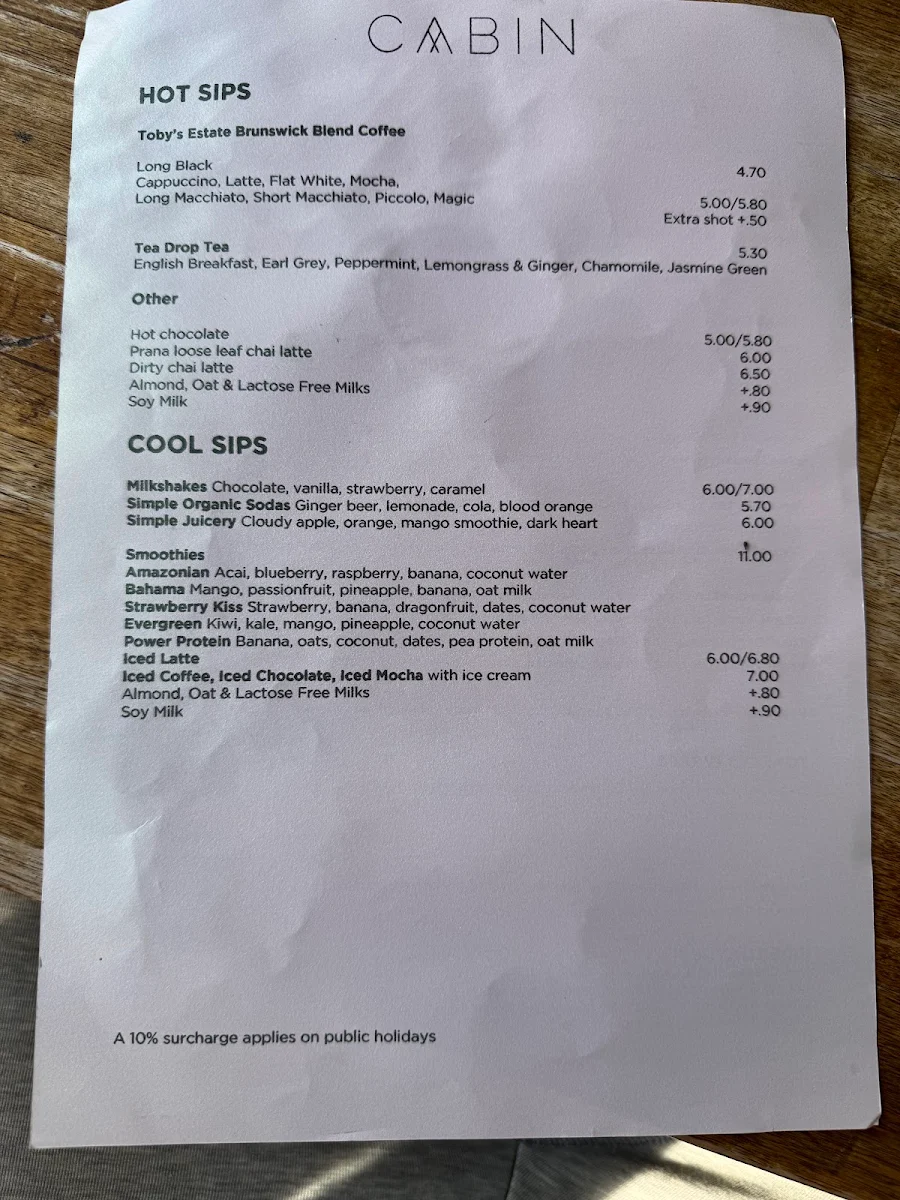 Menu, Cabin Coffee and Deli