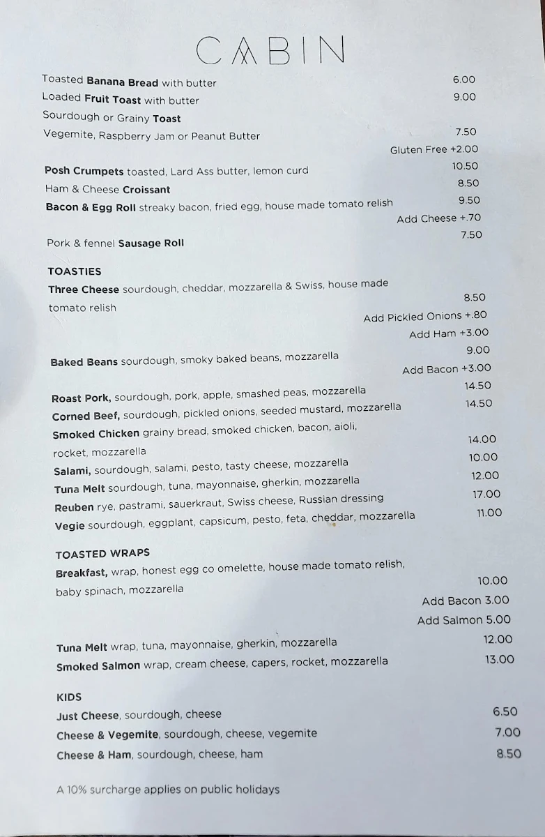 Menu, Cabin Coffee and Deli