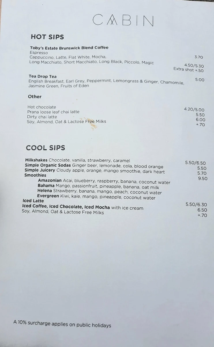 Menu, Cabin Coffee and Deli