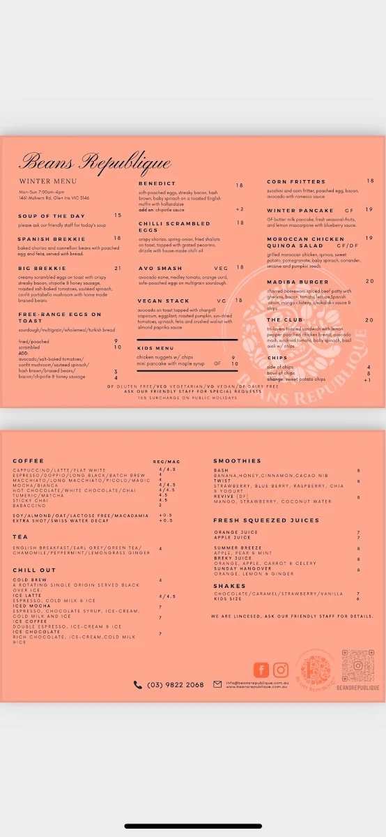 Menu, Beans Republique Glen Iris