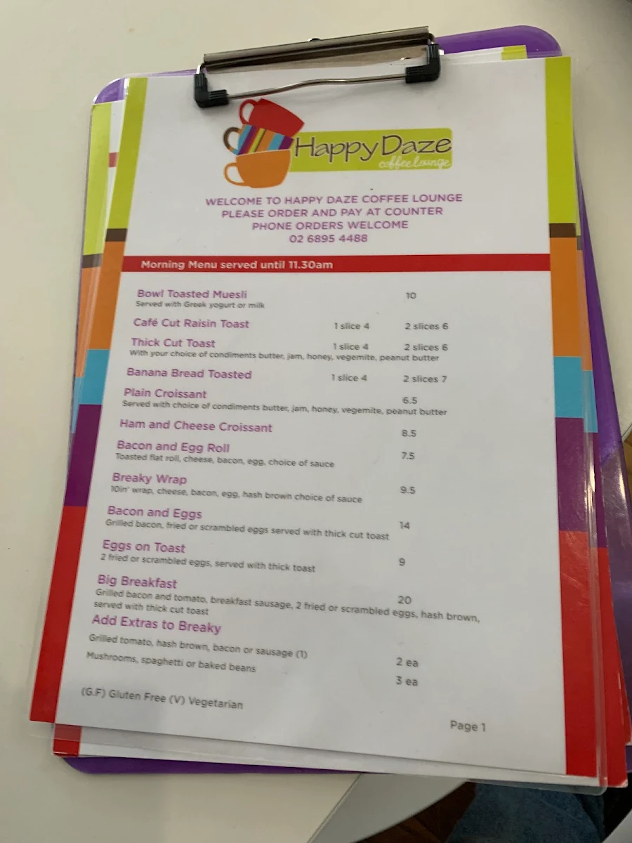 Menu, Happy Daze Coffee Lounge