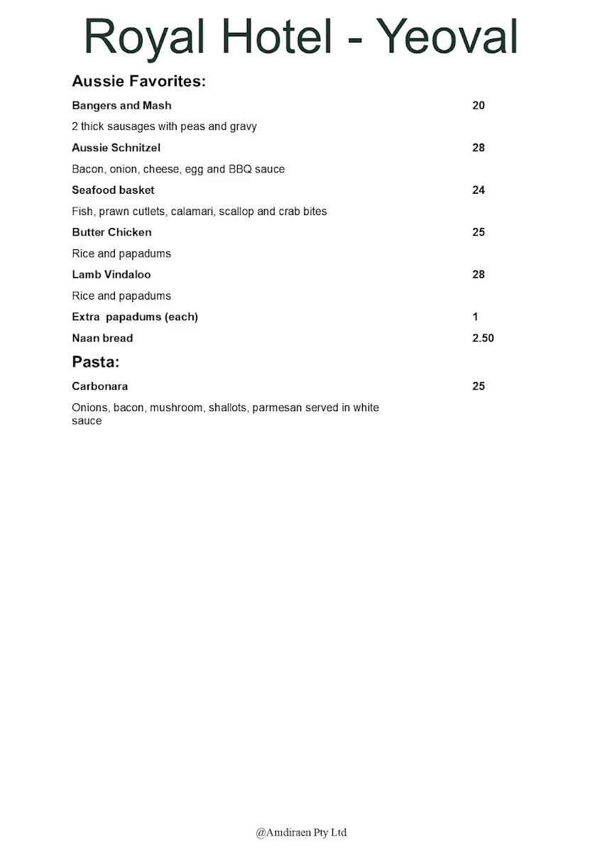 Menu, Royal Hotel Yeoval
