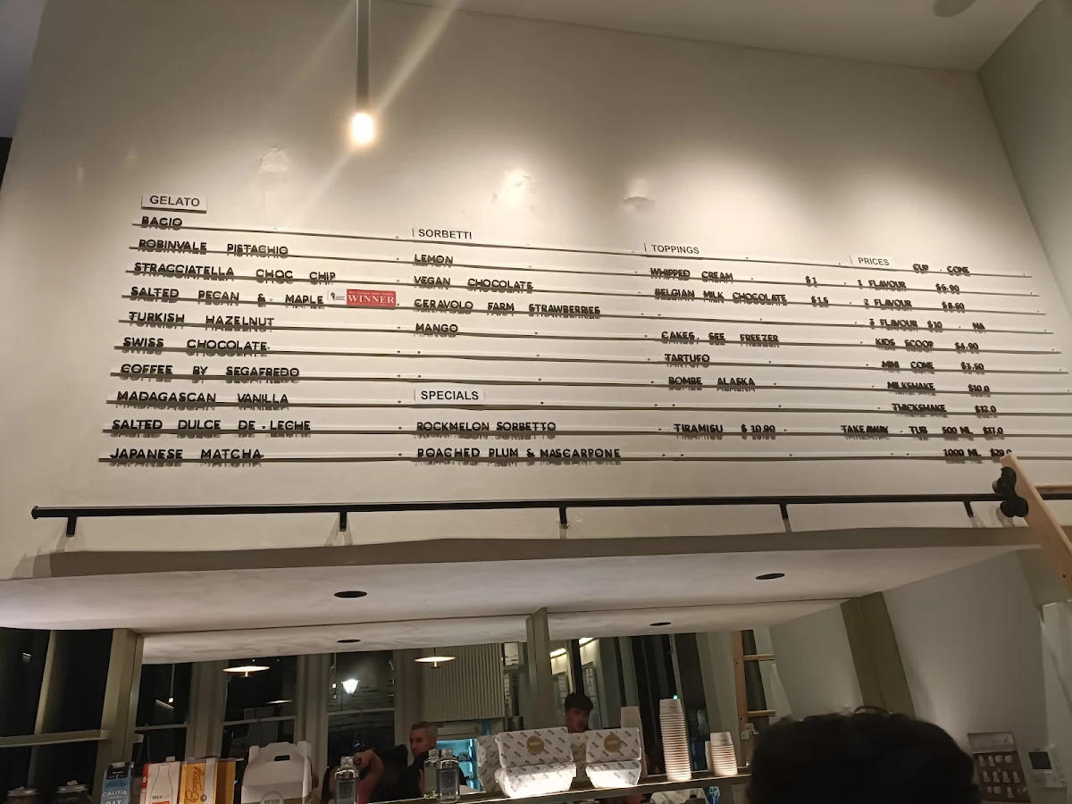 Menu, Bottega Gelateria