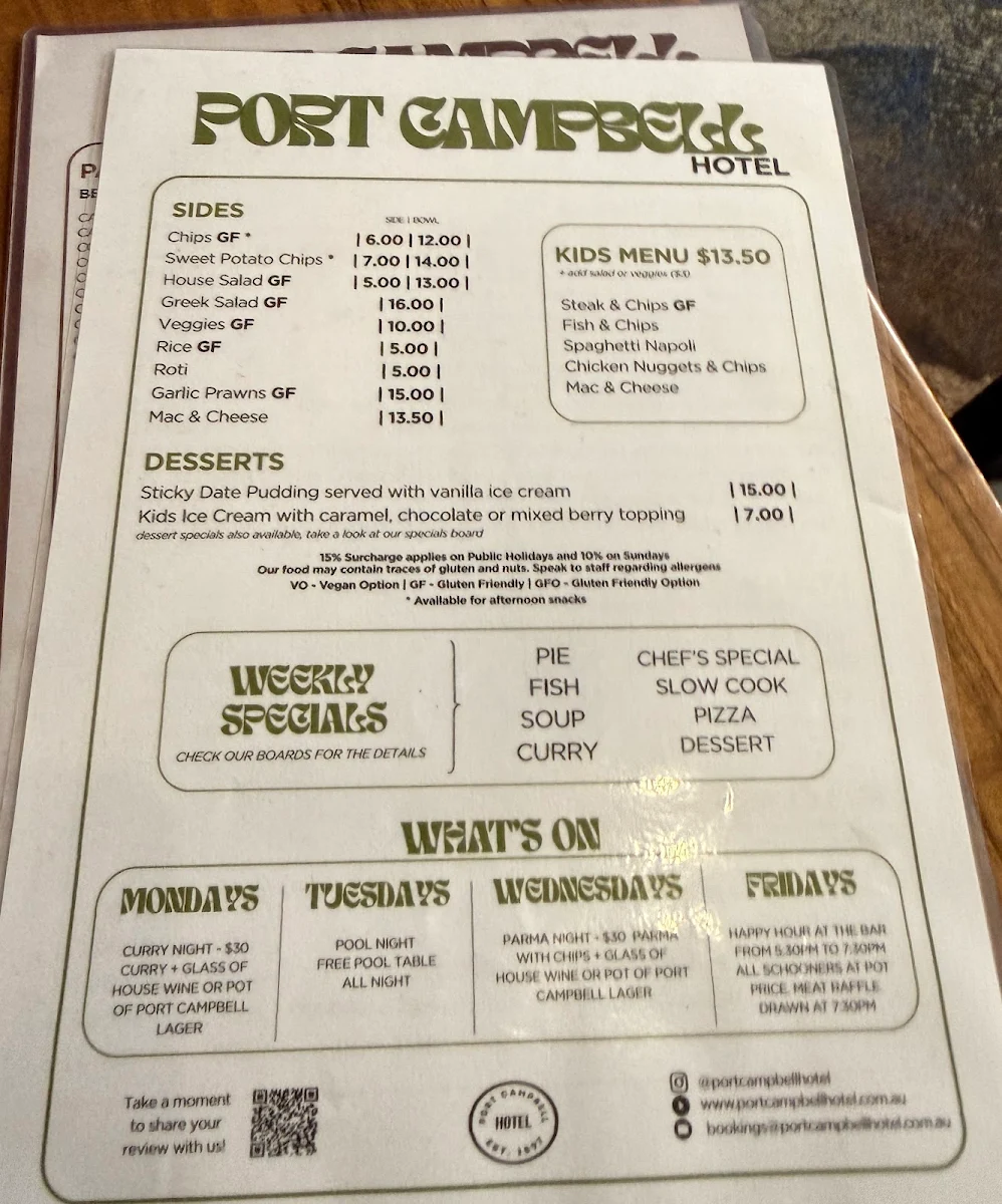 Menu, Port Campbell Hotel