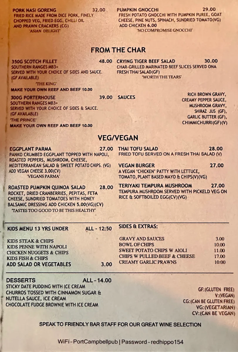 Menu, Port Campbell Hotel