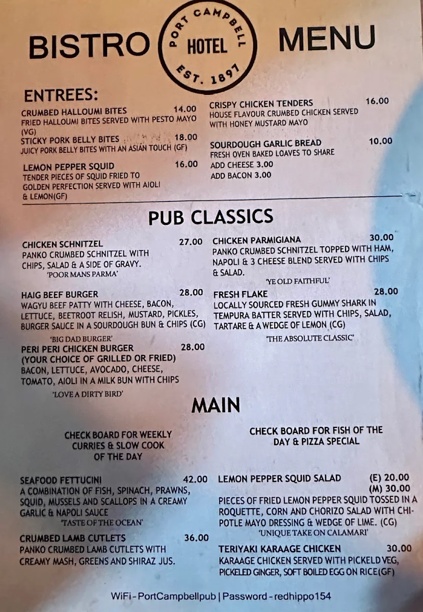 Menu, Port Campbell Hotel