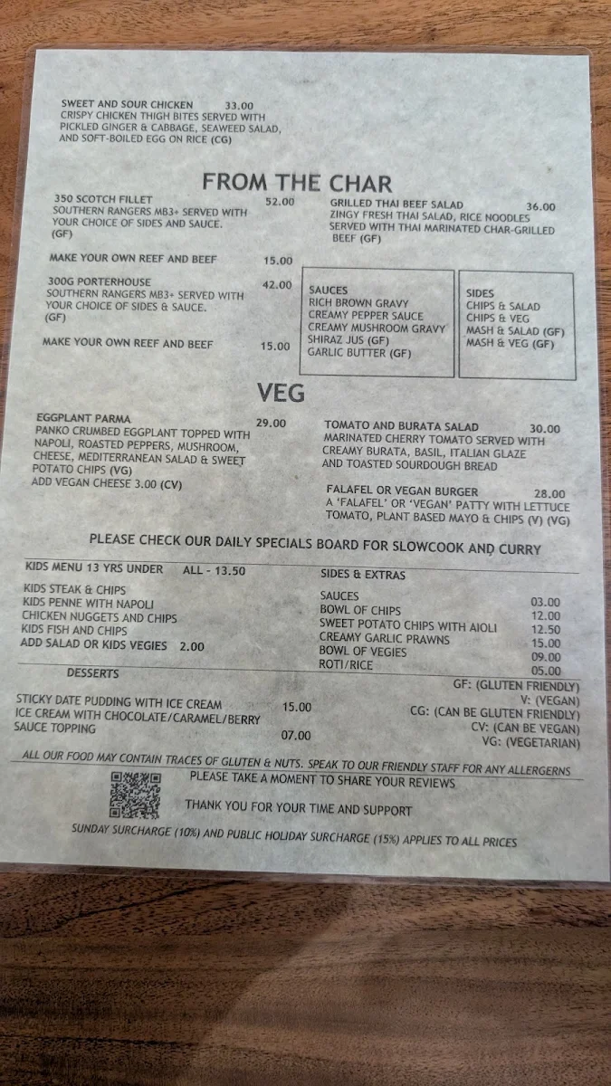 Menu, Port Campbell Hotel