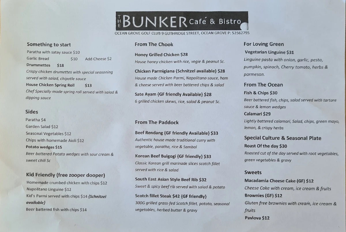 Menu, Bunker Cafe & Bistro