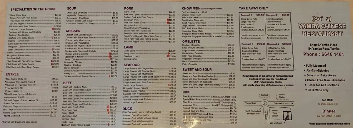 Menu, Yamba Chinese Restaurant