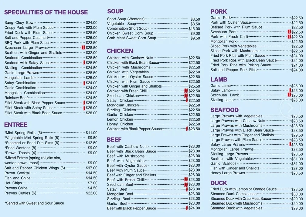 Menu, Yamba Chinese Restaurant