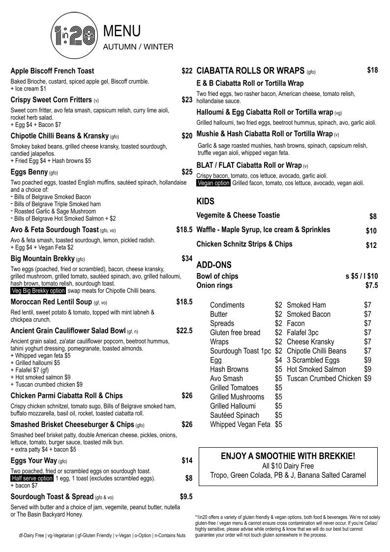 Menu, 1 in 20 Cafe