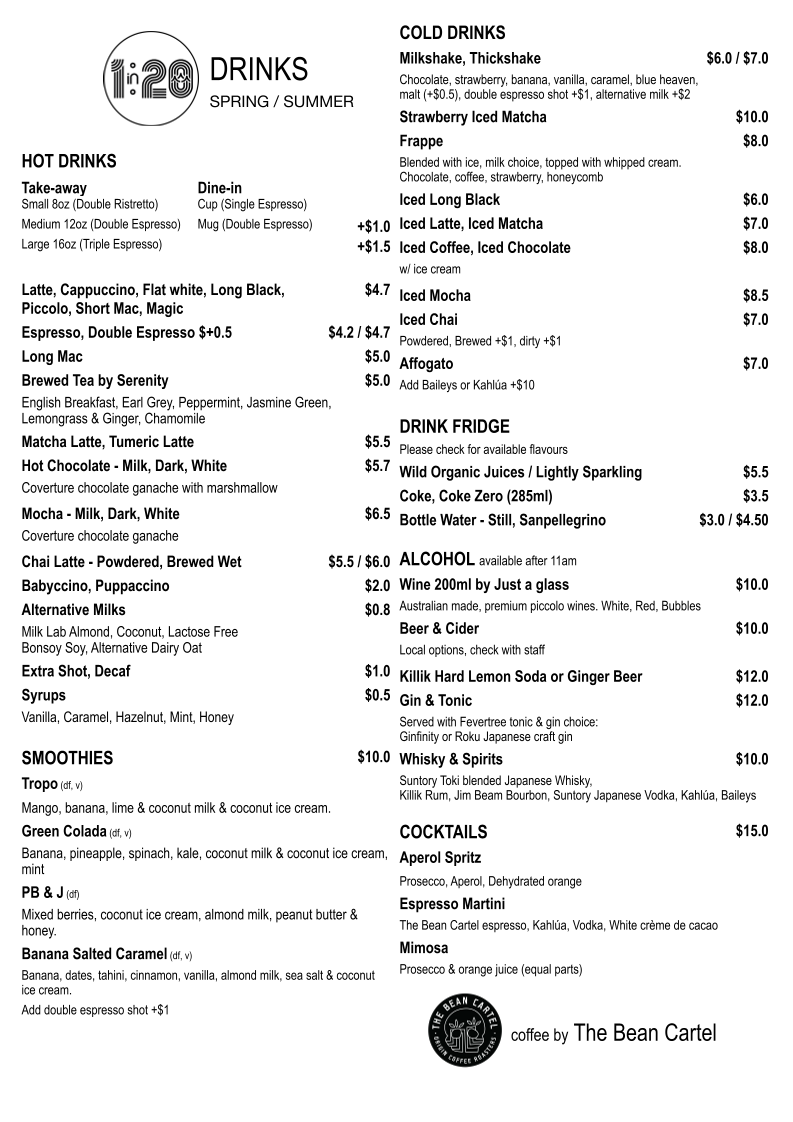 Menu, 1 in 20 Cafe