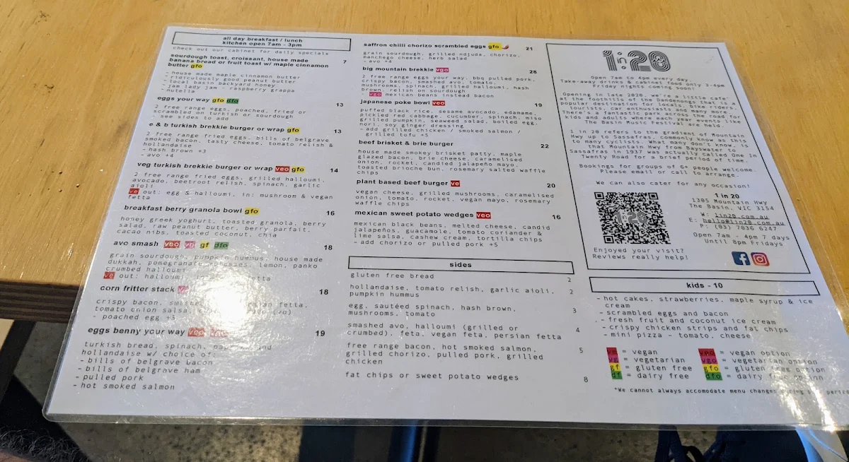 Menu, 1 in 20 Cafe