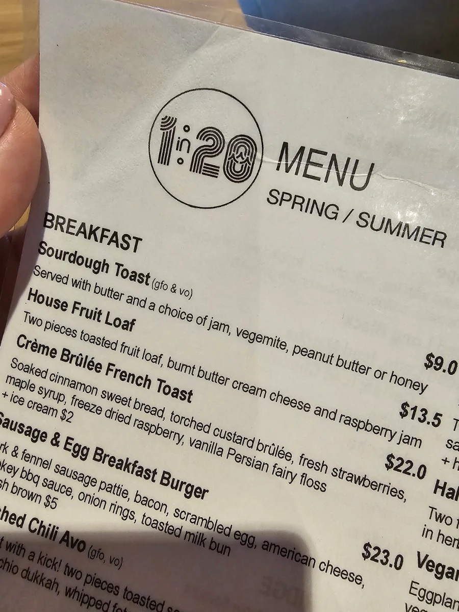 Menu, 1 in 20 Cafe