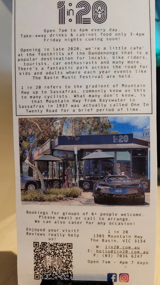 Menu, 1 in 20 Cafe