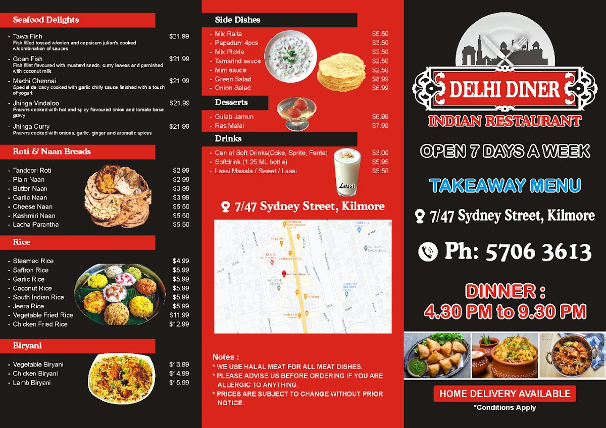 Menu, Delhi Diner Kilmore